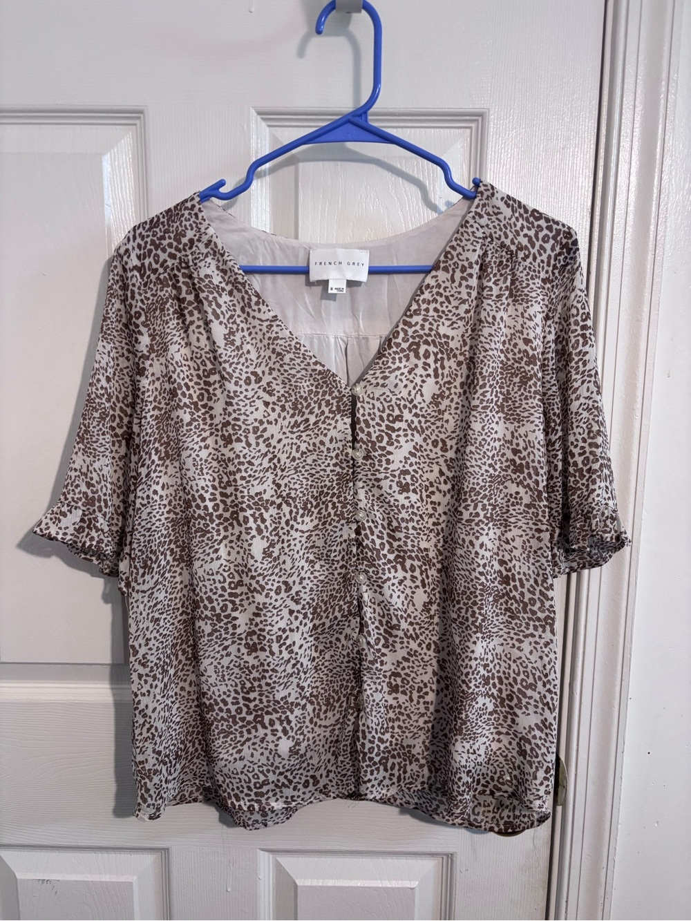 French Grey Cream and Brown Leopard Print Short Sleeve Blouse